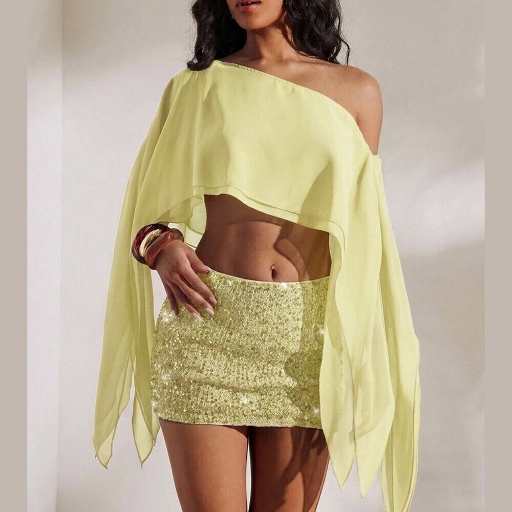 Yellow One Shoulder Asymmetrical Handkerchief Sheer Crop Top